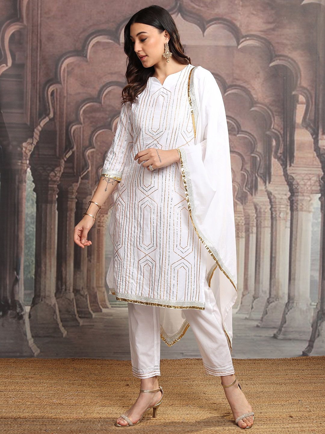 Vishudh White & Gold Embroidered Gotta Patti Pure Cotton Kurta with Trousers & Dupatta