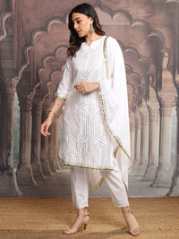 Vishudh White & Gold Embroidered Gotta Patti Pure Cotton Kurta with Trousers & Dupatta