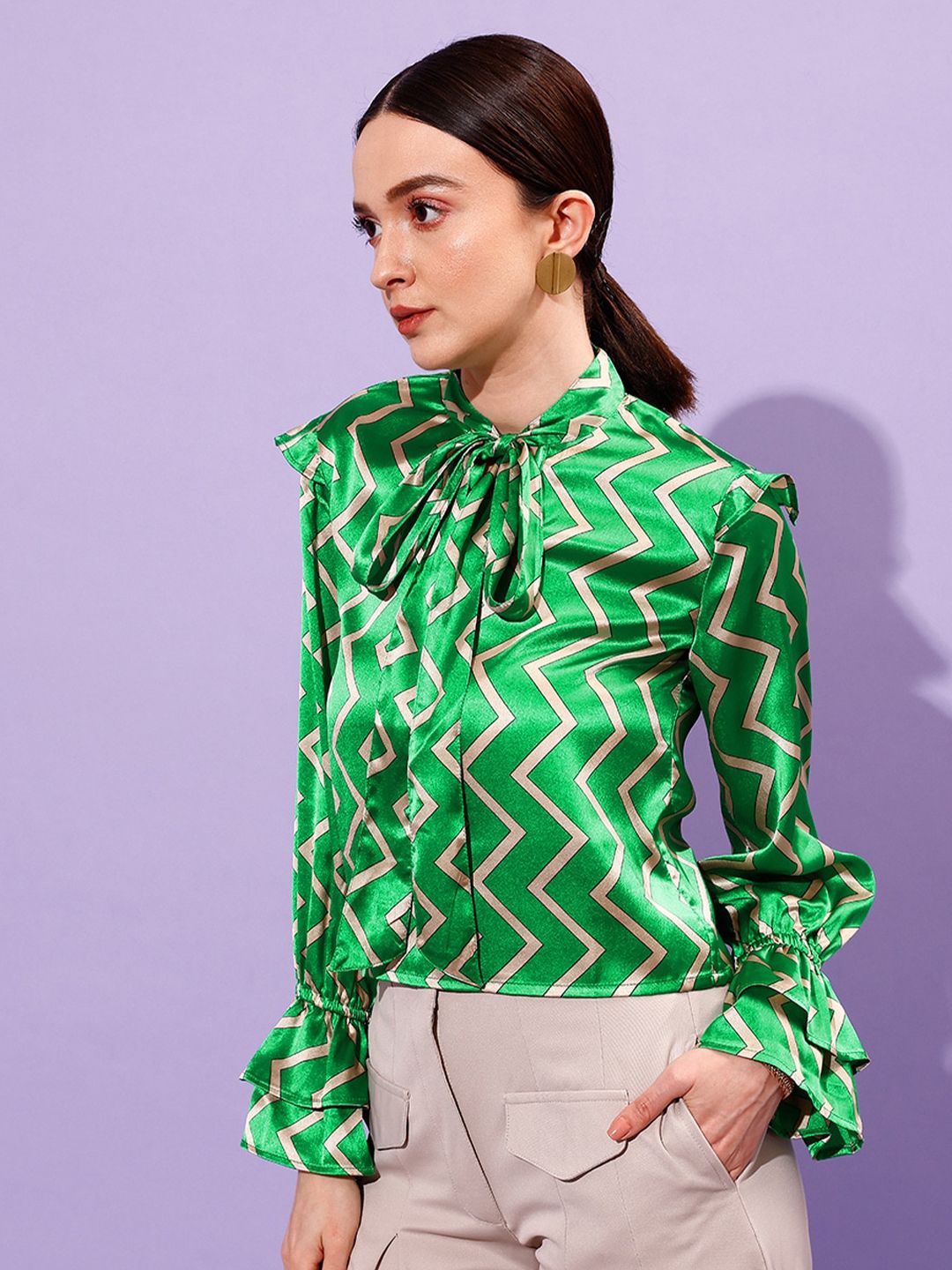 STREET 9 Geometric Printed Tie-Up Neck Bell Sleeves Satin Top