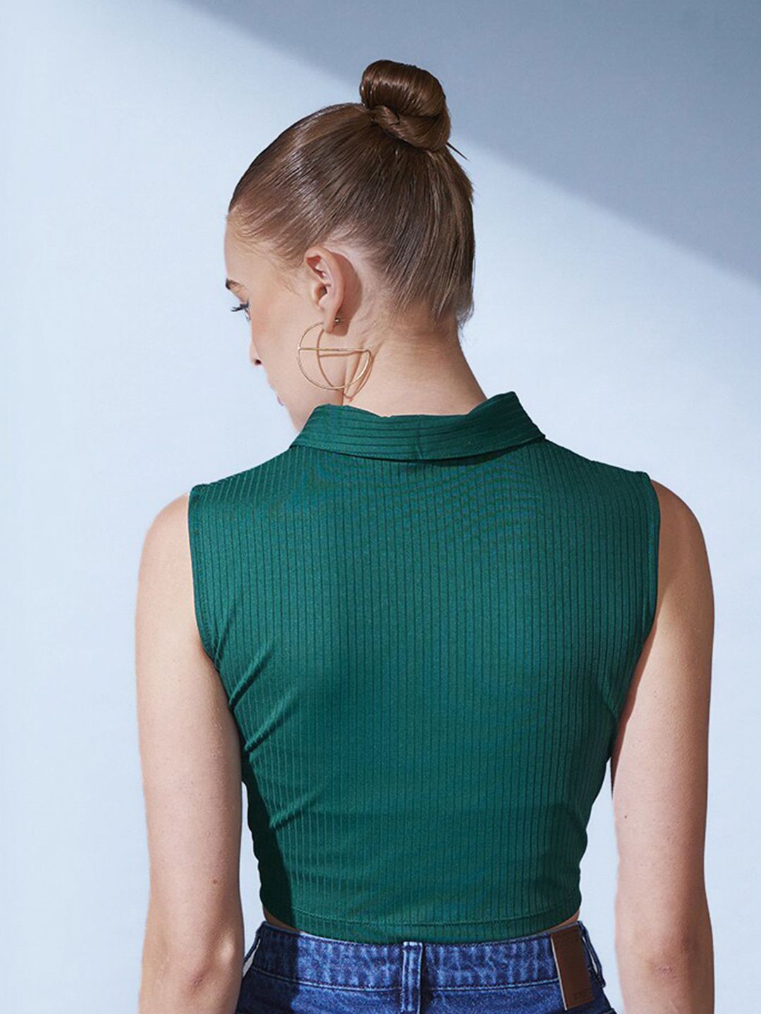 STREET 9 Green Polo Collar Slim Fit Crop T-shirt