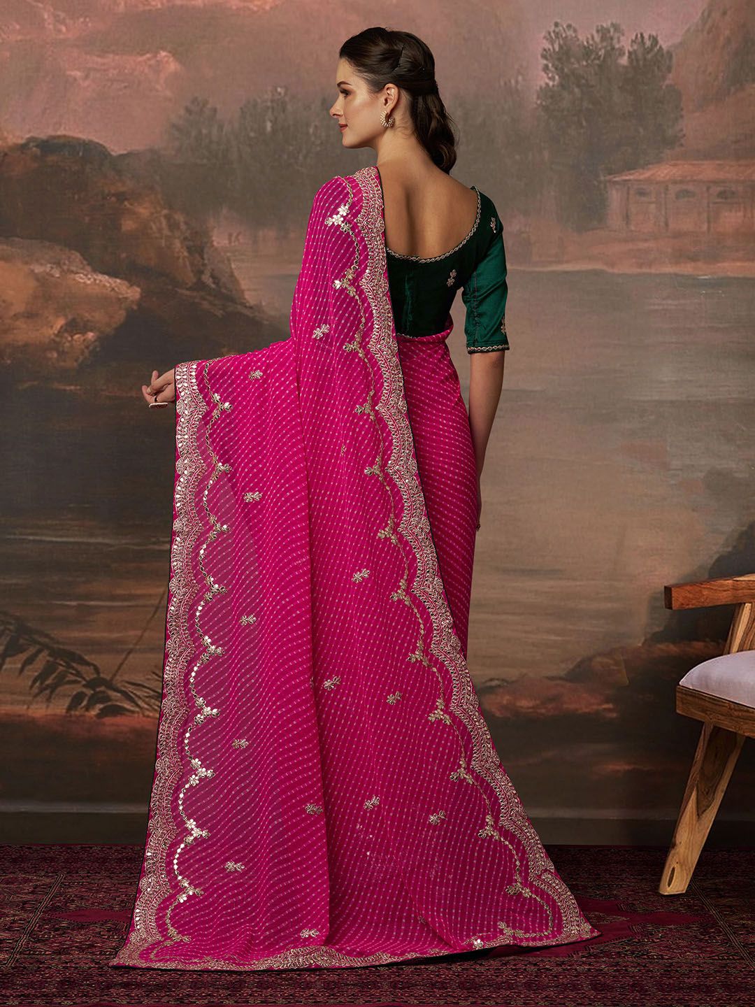 House of Pataudi Printed Embellished Georgette bandhani saree