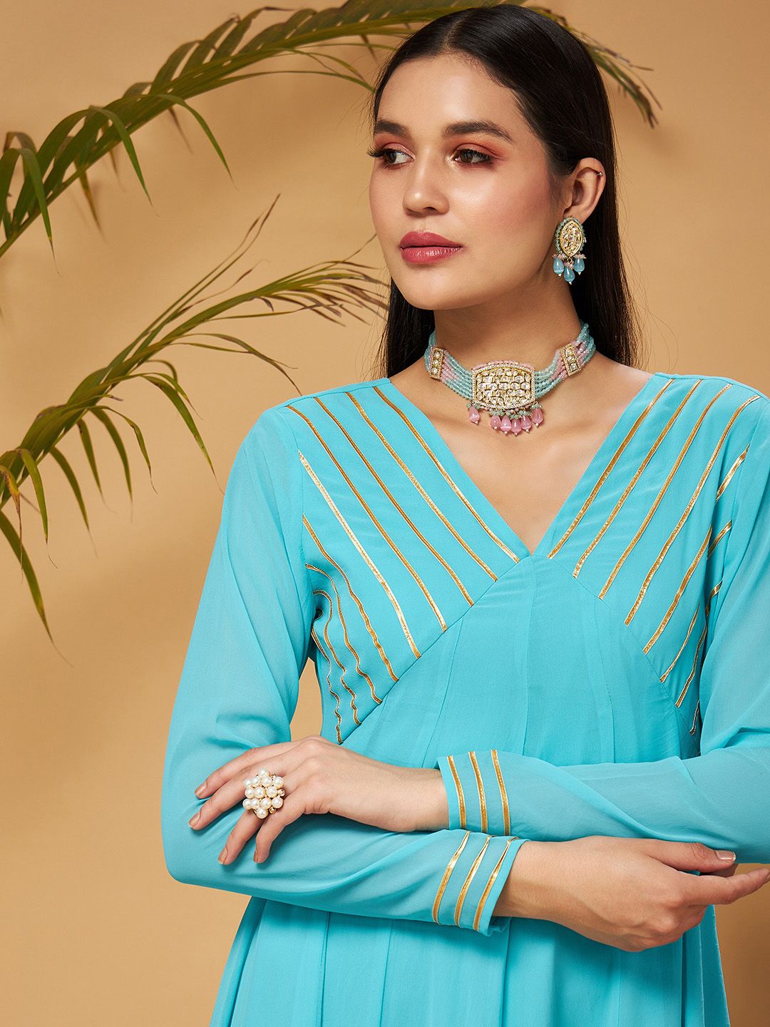 Shae by SASSAFRAS Blue Gotta Patti Detail Anarkali Maxi Dress