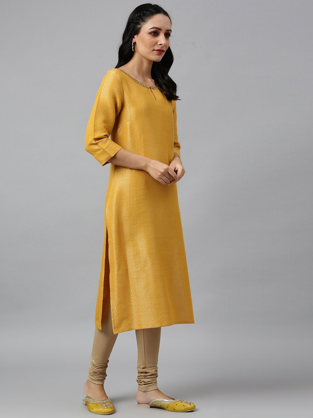 W Women Yellow Keyhole Neck Thread Work Asymmetric Kurta