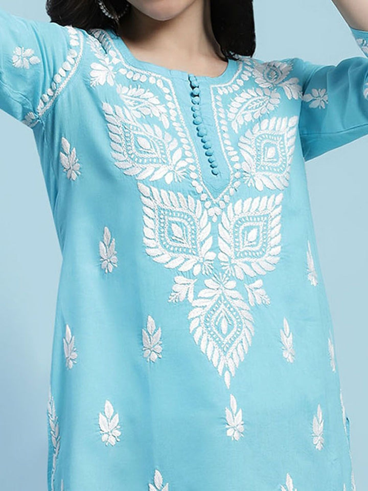 Rumah Wanita Chikankari Kapas Biru Chikankari Sulam Kurti