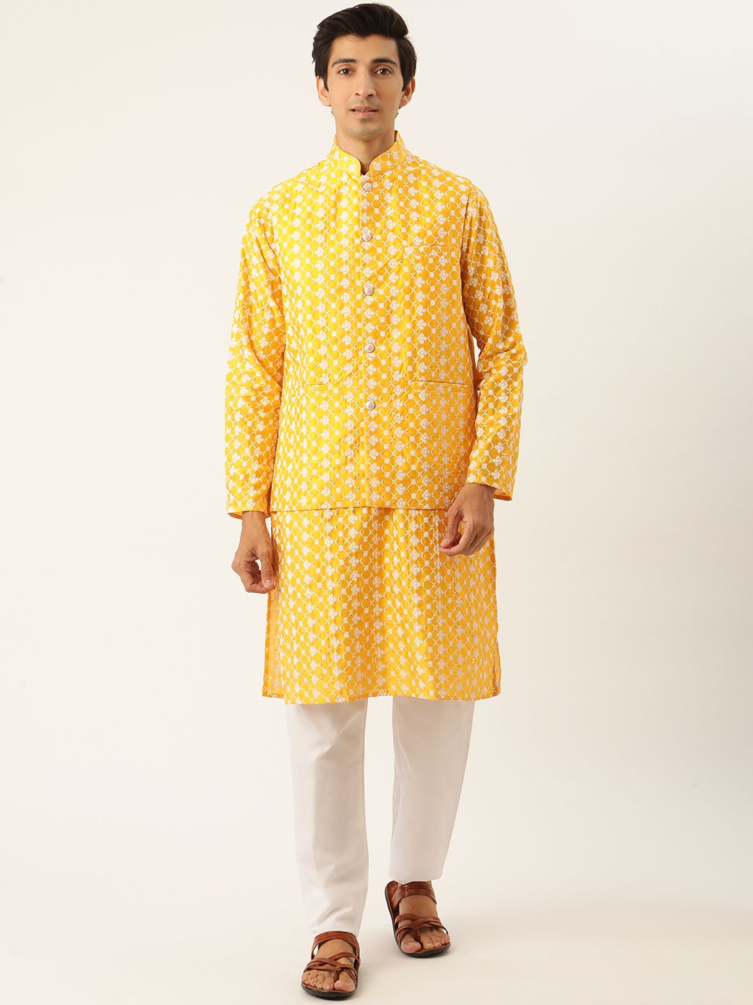 SOJANYA Kurta Sulam Lelaki Kuning & Putih dengan Piyama & Jaket Nehru