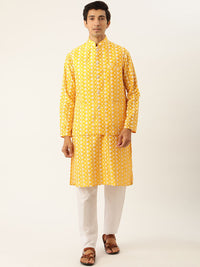 SOJANYA Kurta Sulam Lelaki Kuning & Putih dengan Piyama & Jaket Nehru