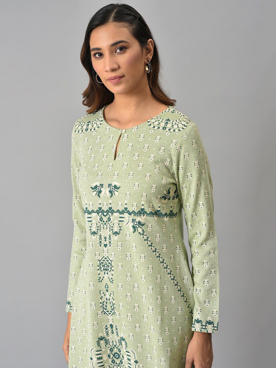 W Women Green Ethnic Motifs Keyhole Neck Woven Design Kurta