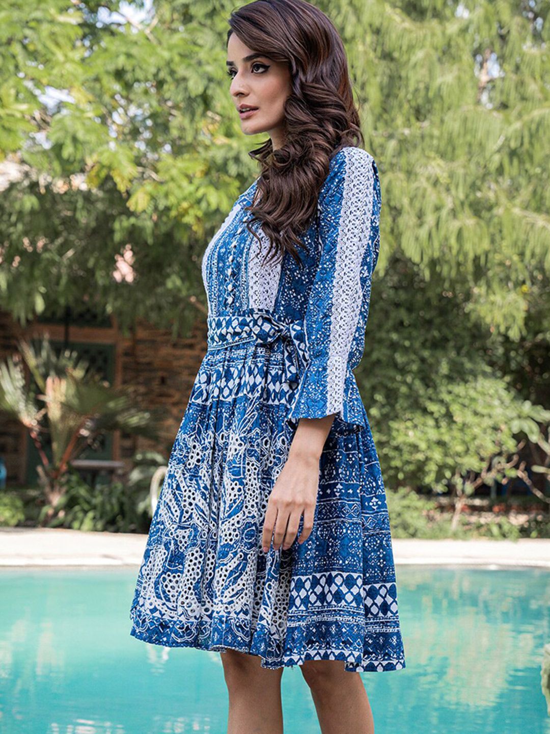 Vishudh Ethnic Motifs Print Bell Sleeve Fit & Flare Pure Cotton Ethnic Dress