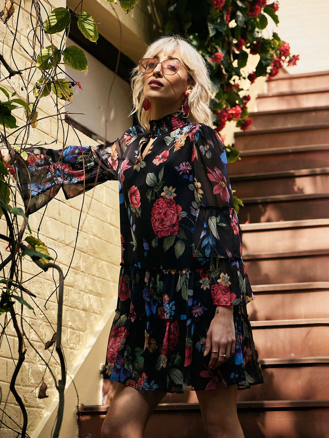 SASSAFRAS High Neck Floral Printed Smocked Tiered Chiffon A-Line Dress