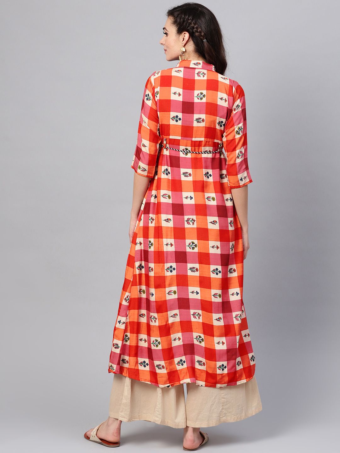 SOJANYA Women Orange & Beige Checked A-Line Kurta