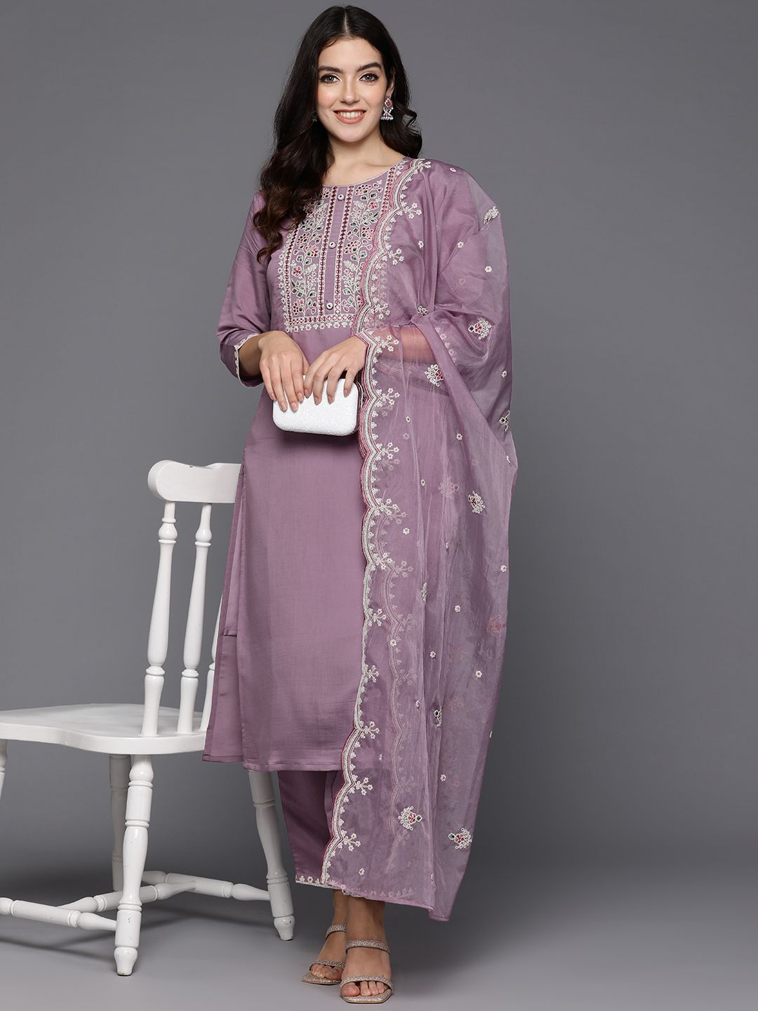 Indo Era Women Floral Yoke Design Regular Thread Work Kurta with Trousers & Dupatta