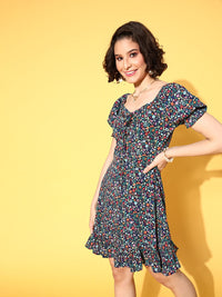 Berrylush Navy Blue Floral Crepe A-Line Mini Dress