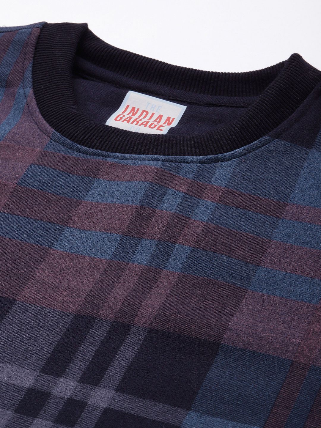 The Indian Garage Co Men Navy Blue & Pink Checked Sweatshirt