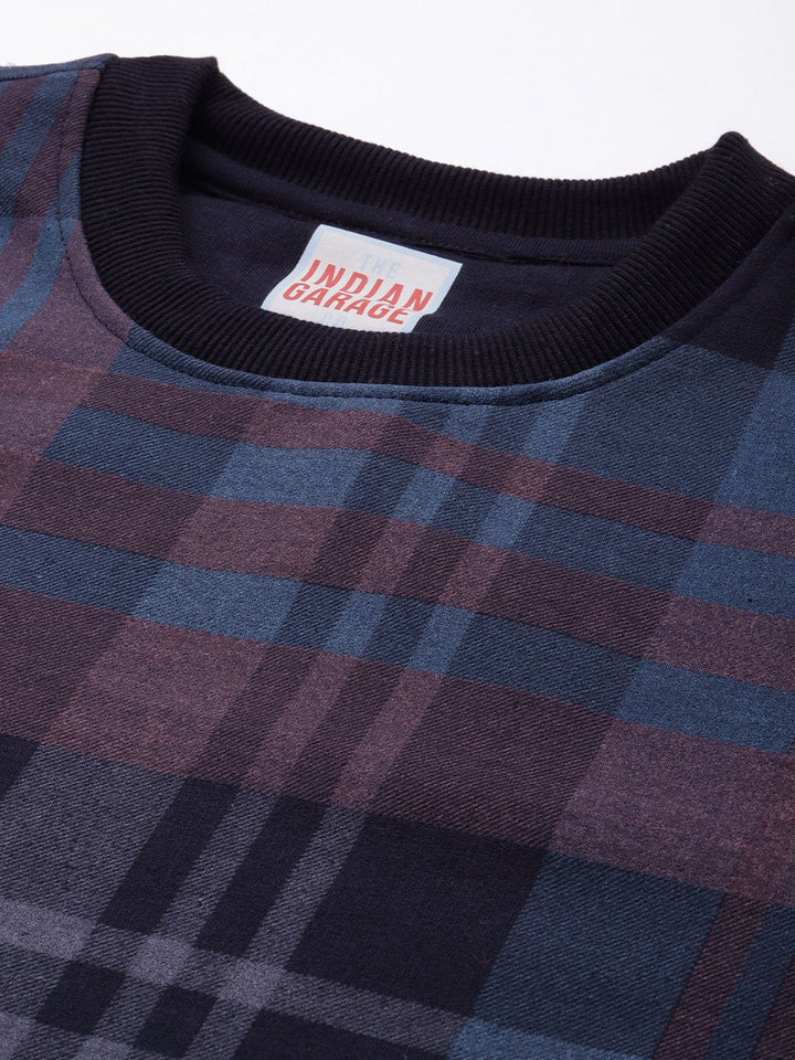 The Indian Garage Co Men Navy Blue & Pink Checked Sweatshirt