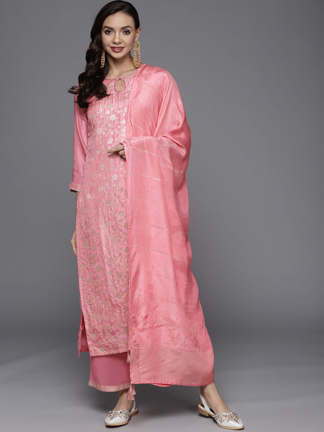 Libas Women Pink Zari Kurta with Palazzos & With Dupatta