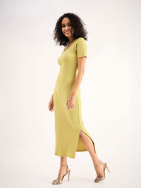 SASSAFRAS BASICS Khaki Striped Cotton Midi Sheath Dress