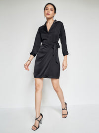 AND Lapel Collar Cuffed Sleeves Tie-Up Detailed A-Line Dress