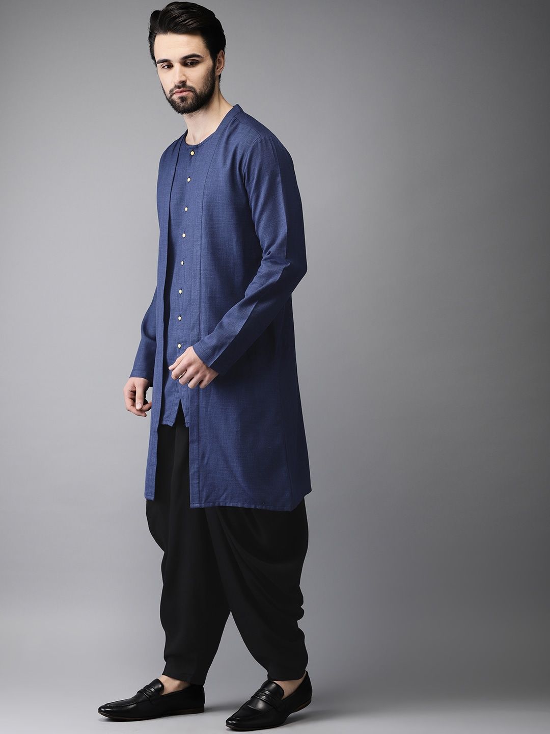 Anouk Men Navy & Black Solid Layered Kurta with Dhoti Pants