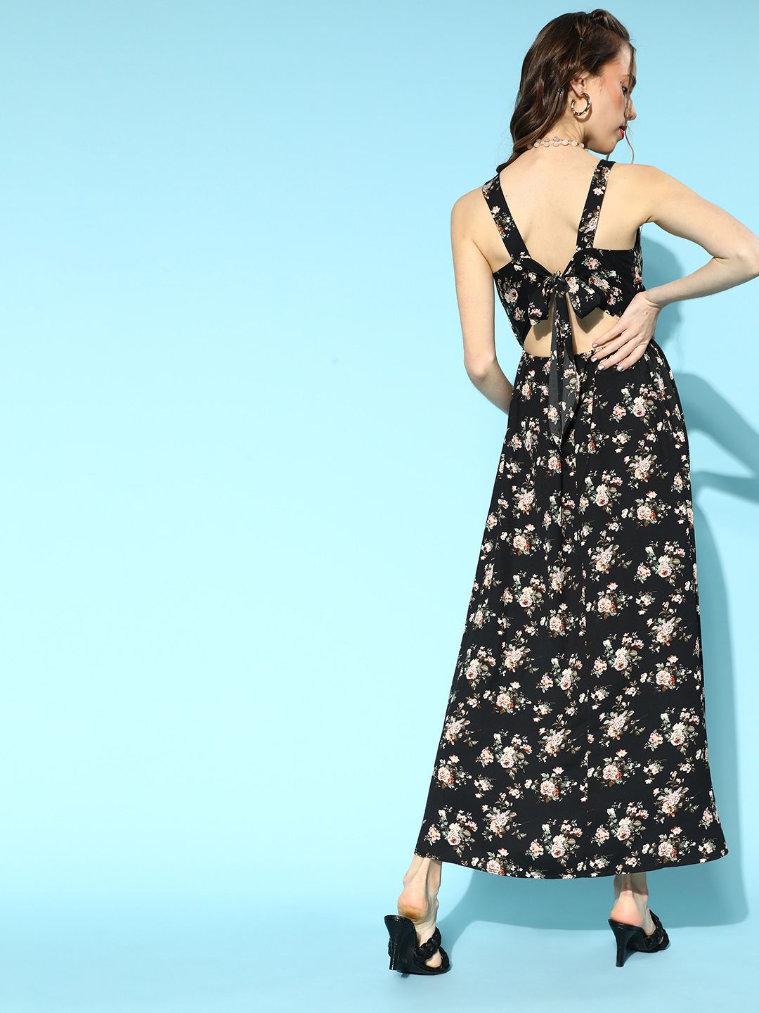 Berrylush Black & Pink Floral Print Crepe Maxi Dress