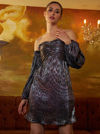 Athena Self Design Off Shoulder Gathered A-Line Dress