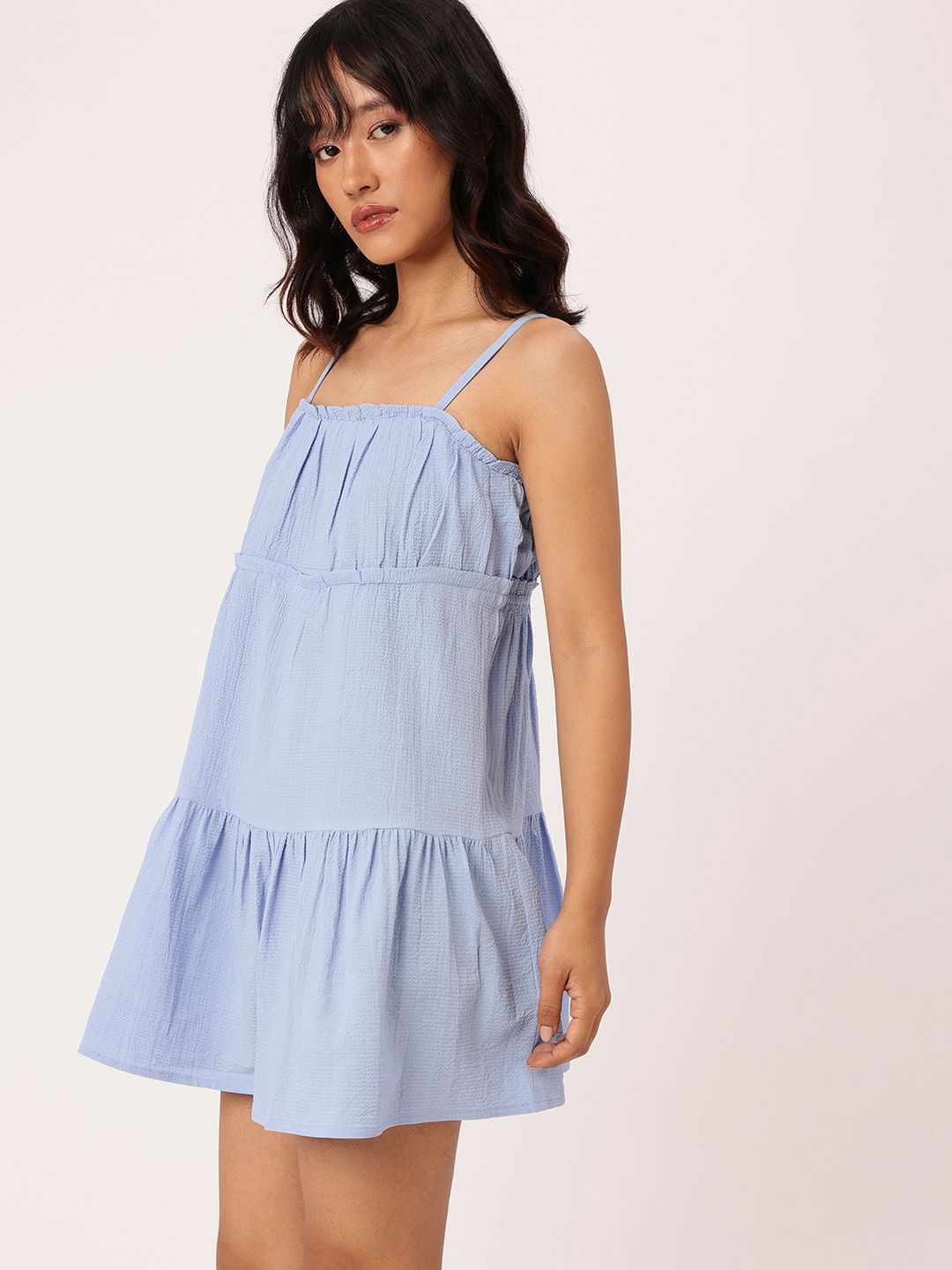 DressBerry Seersucker Shoulder Straps Tiered A-Line Mini Dress