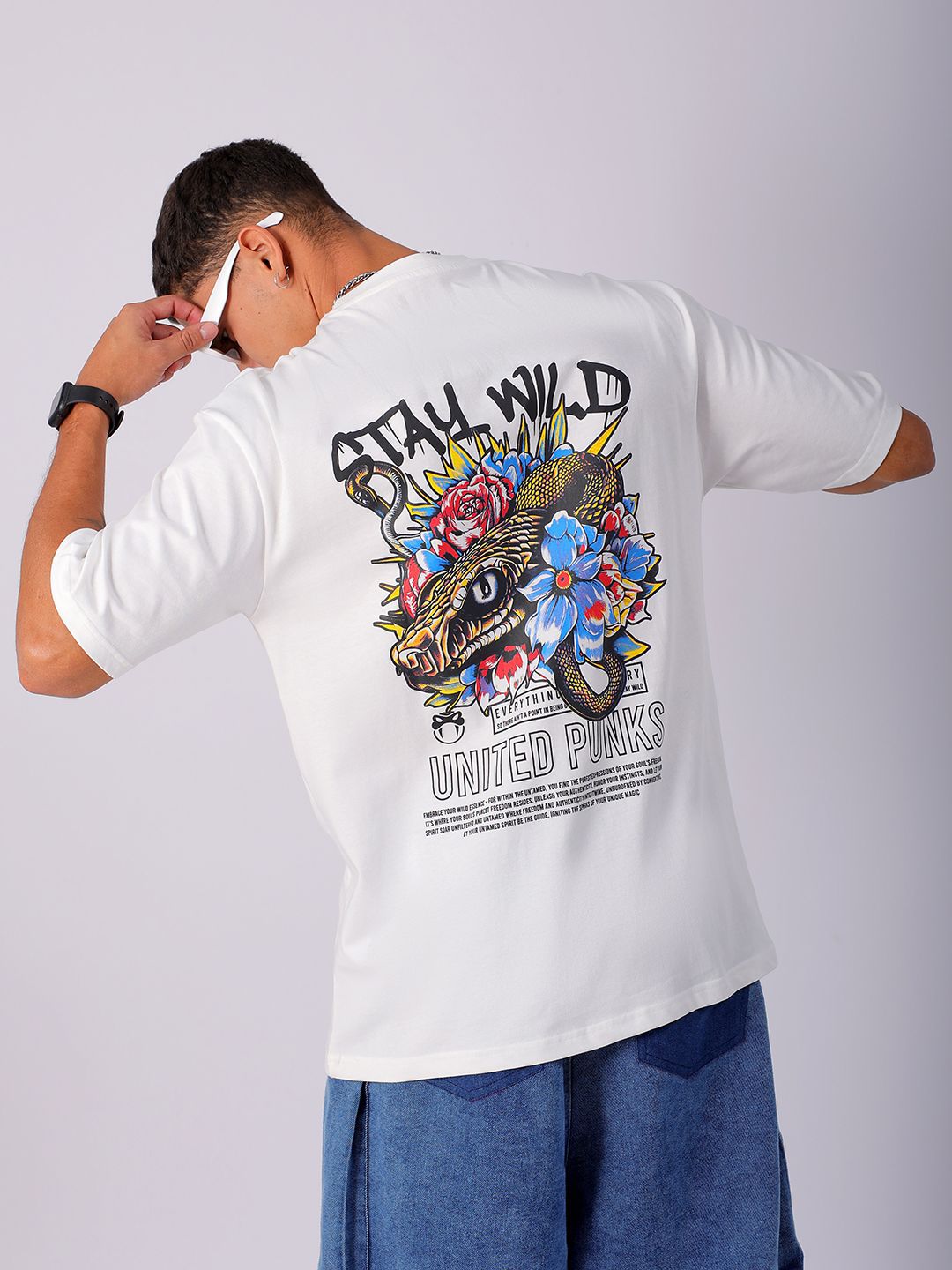 The Indian Garage Co Men Cotton Back Printed Boxy Oversized Round Neck T-shirt