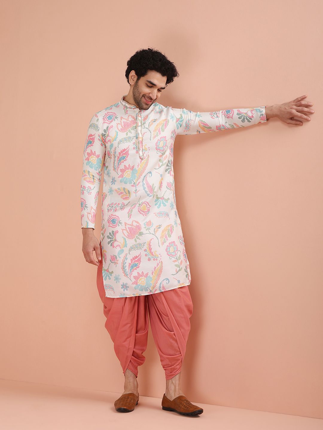 KISAH Floral Printed Mandarin Collar Kurta With Dhoti Pants