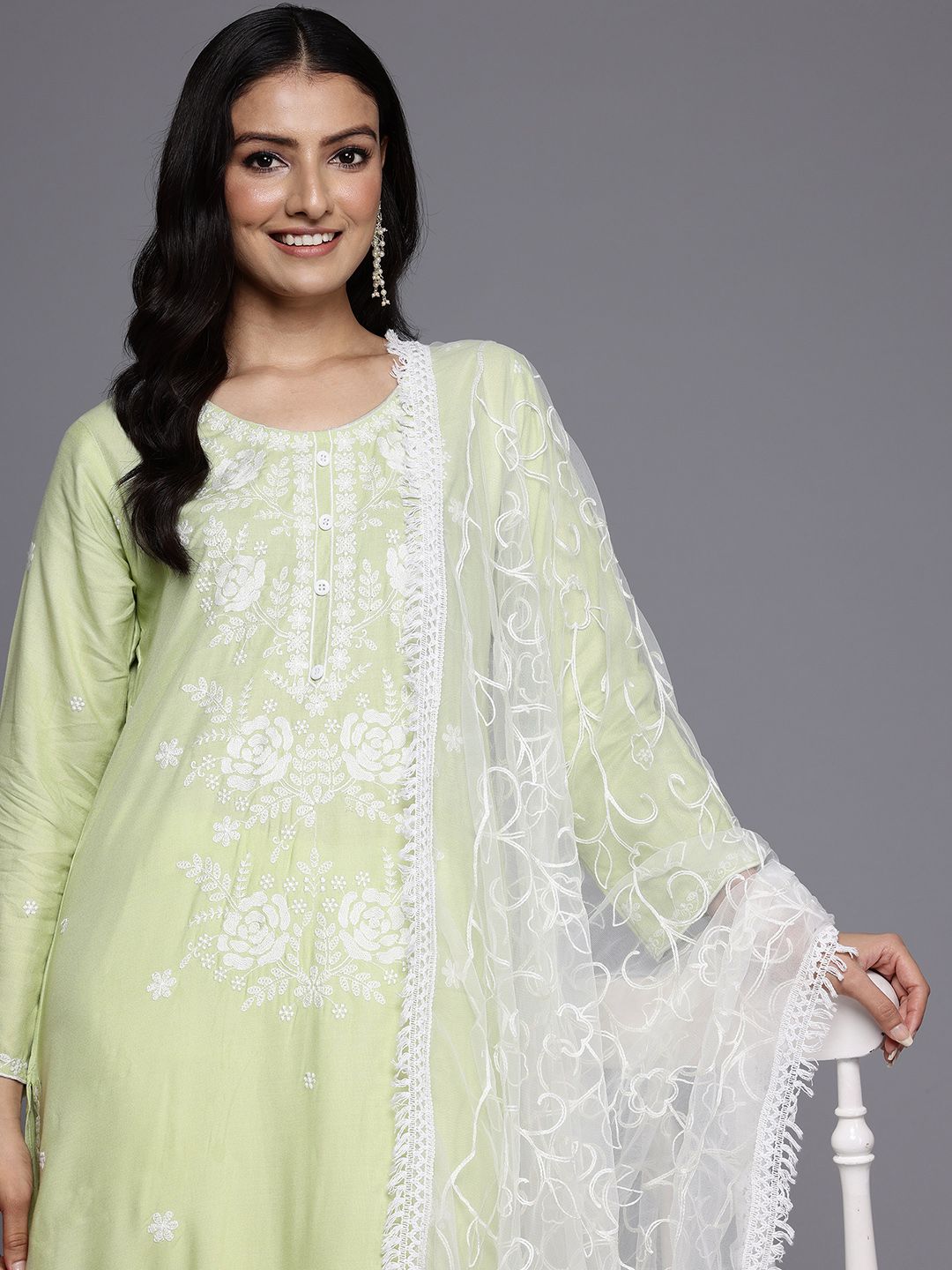 Varanga Floral Embroidered Chikankari Kurta With Trousers & Dupatta