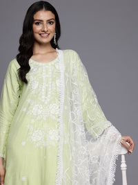 Varanga Floral Embroidered Chikankari Kurta With Trousers & Dupatta