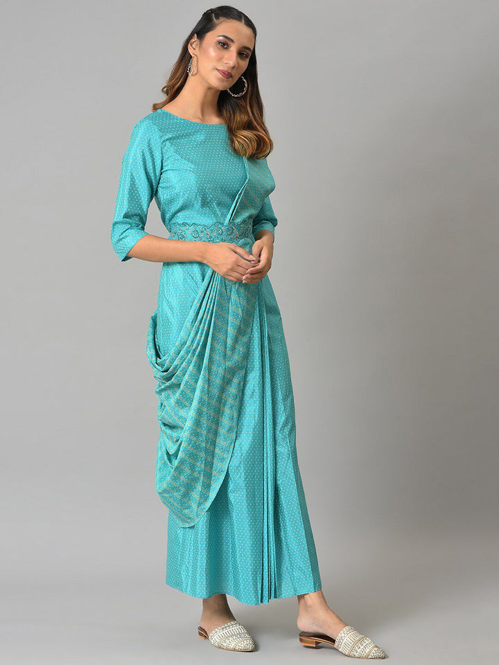 W Blue Printed Ethnic Maxi Dress with Belt