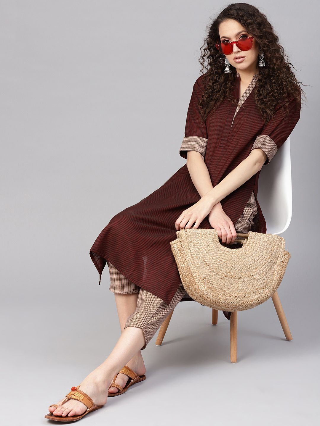 Gerua By Libas Women Brown  Maroon Striped Kurta with Trousers