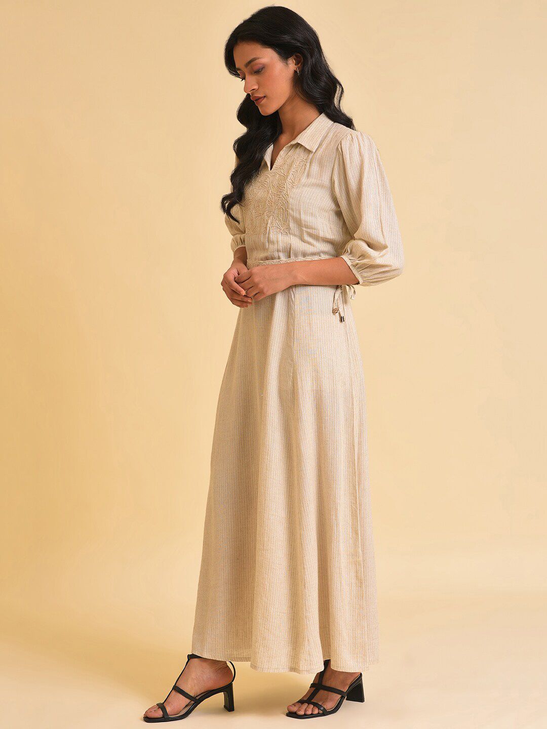 W Off White Floral Embroidered A-Line Maxi Dress With Belt