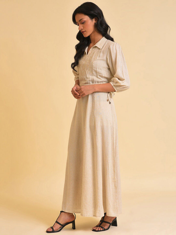 W Off White Floral Embroidered A-Line Maxi Dress With Belt