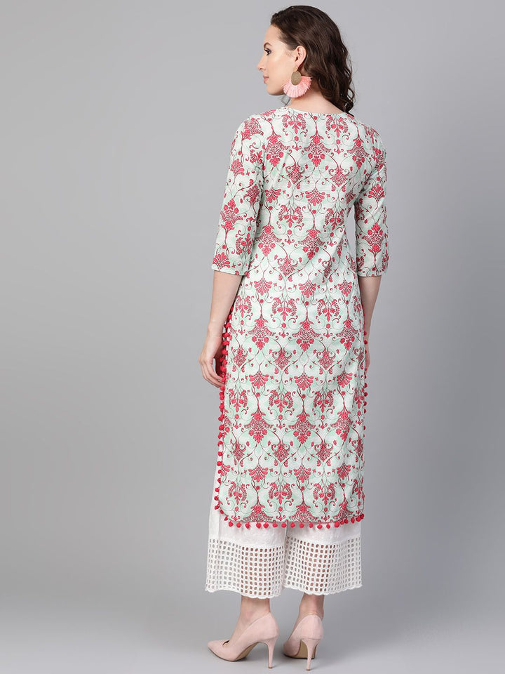 SOJANYA Women Sea Green & Pink Printed Straight Kurta