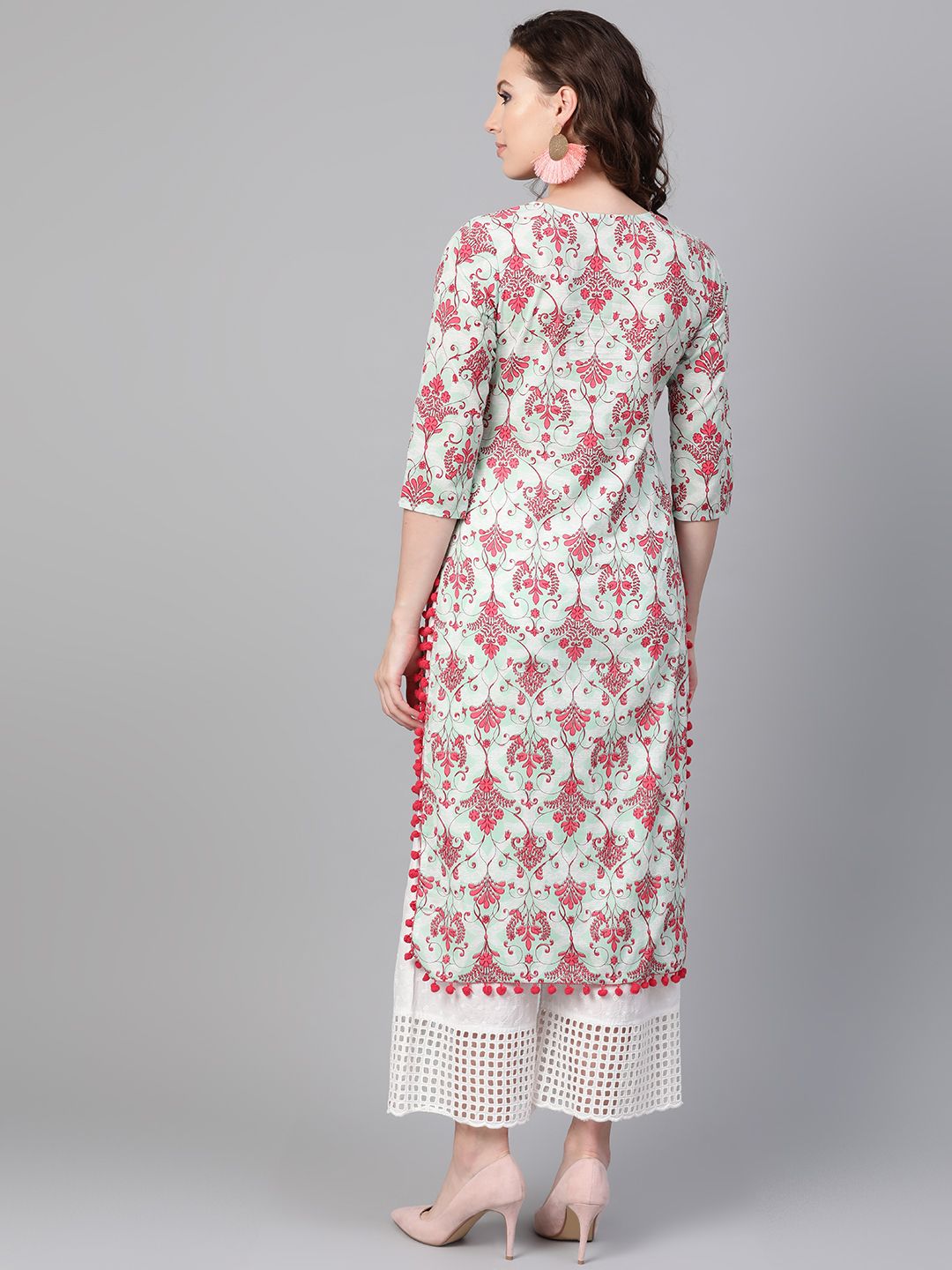 SOJANYA Women Sea Green & Pink Printed Straight Kurta