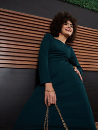 Athena Green Round Neck Long Sleeves Tie-Ups Sheath Dress