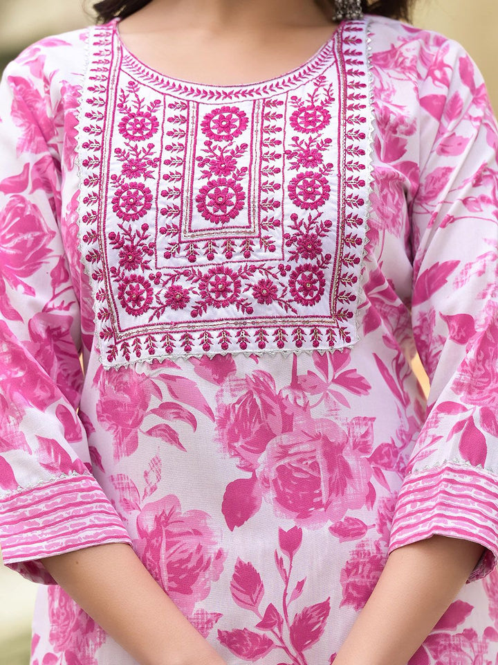KALINI Floral Printed Embroidered Thread Work Straight Kurta With Trousers & Dupatta