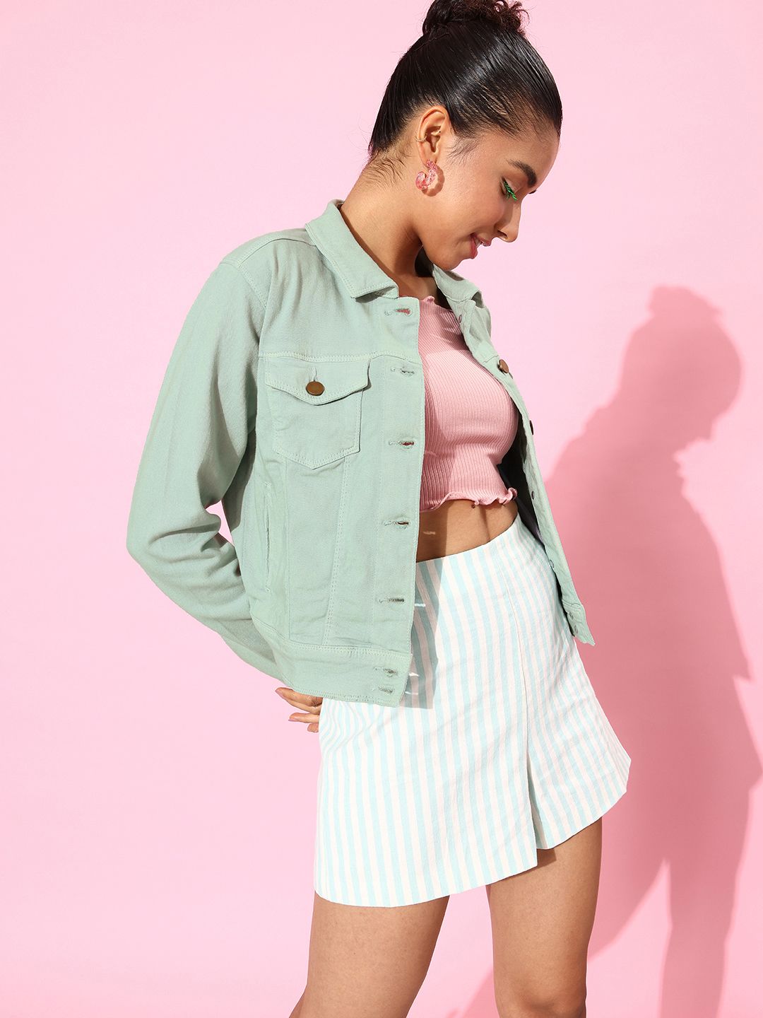 DressBerry Women Solid Spread Collar Crop Denim Jacket