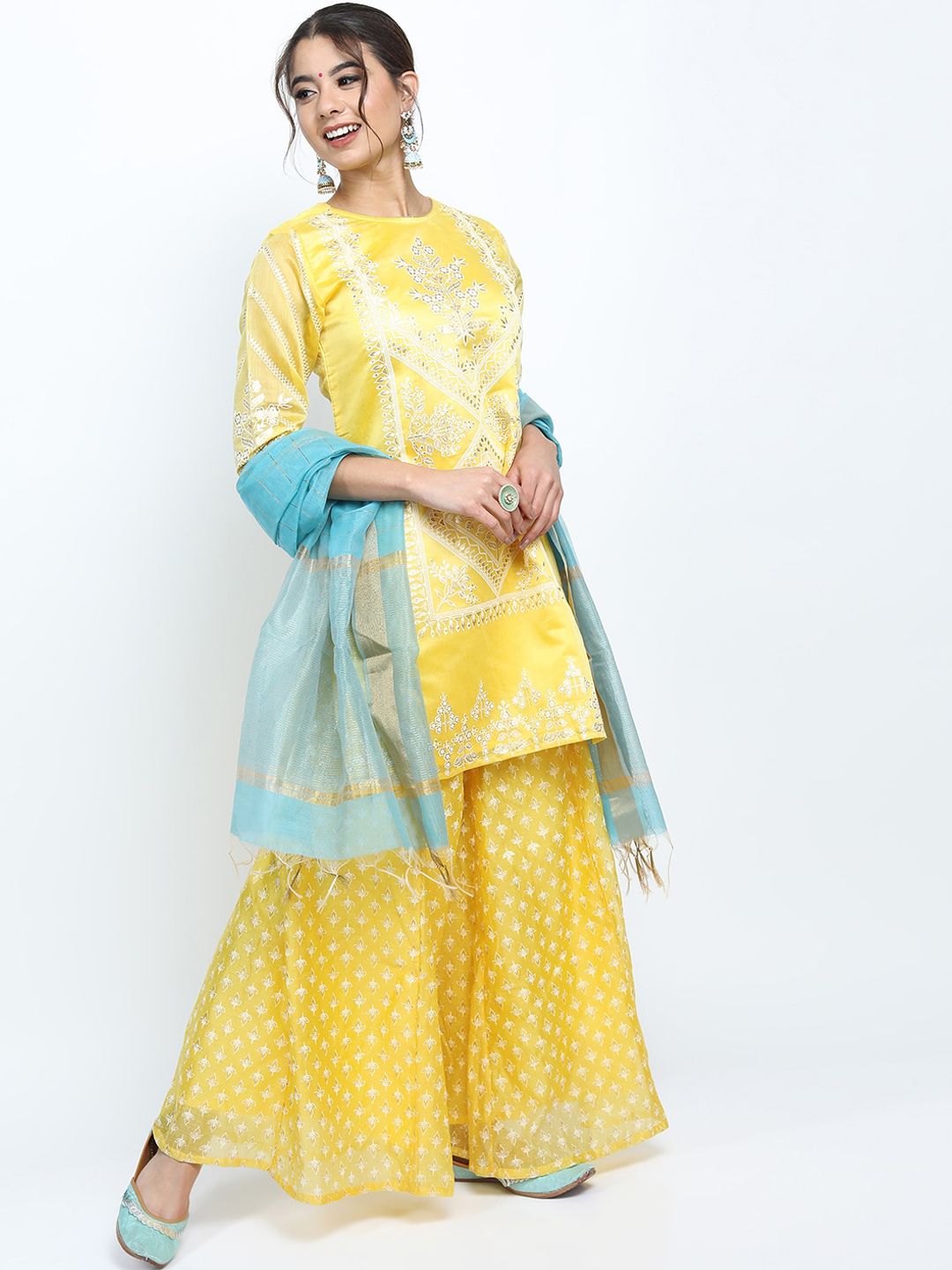 Vishudh Women Yellow Ethnic Motifs Printed Kurti with Palazzos & With Dupatta