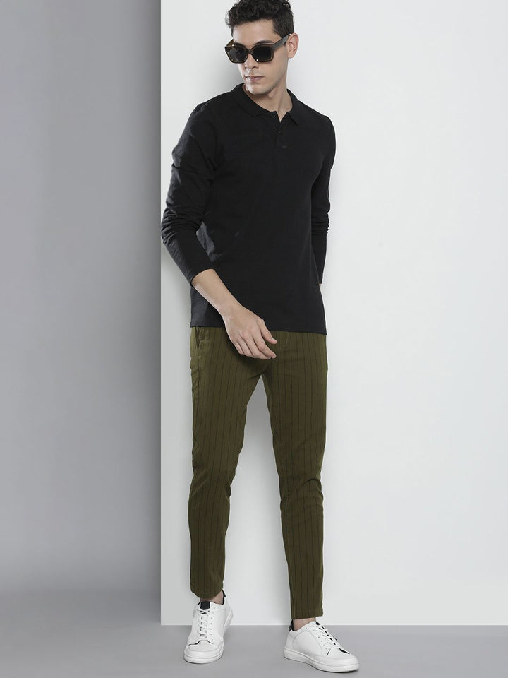 The Indian Garage Co Men Olive Green Striped Slim Fit Chinos Trousers