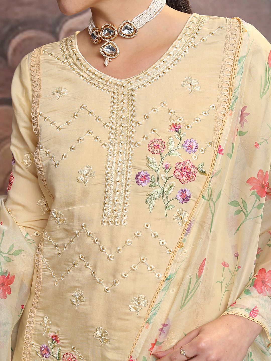 Vishudh Yellow Floral Embroidered Mirror Work Straight Kurta With Trousers & Dupatta