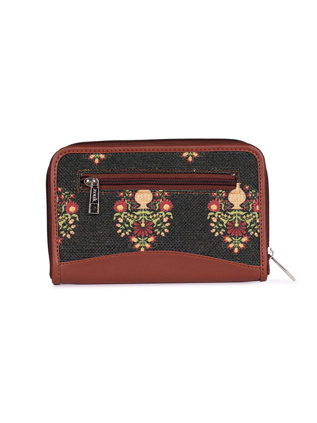 ZOUK Women Green & Brown Ethnic Motifs Printed Zip Around Wallet