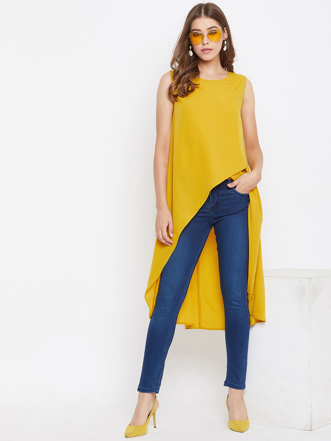 Berrylush Women Yellow Solid High-Low Top