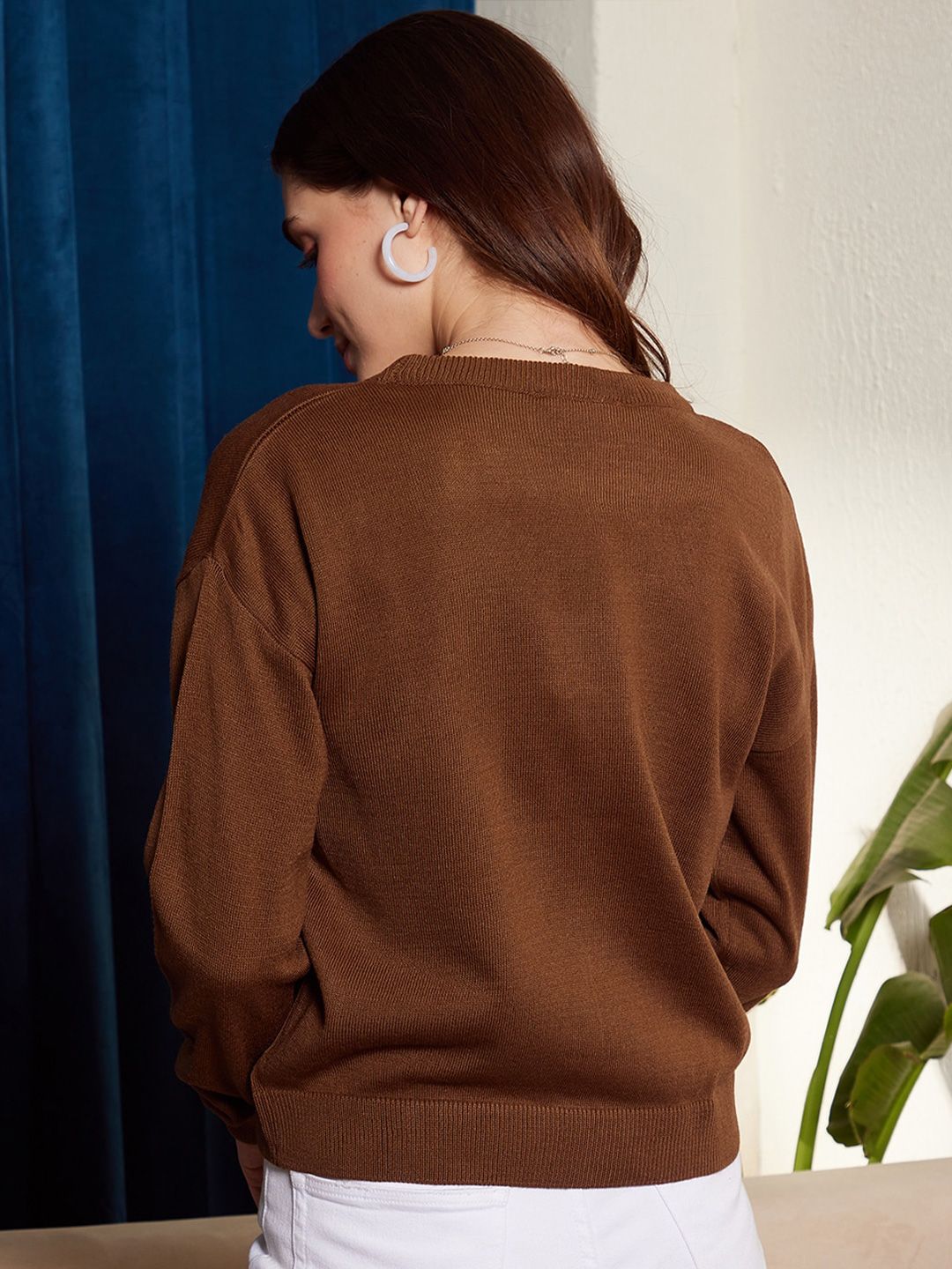 Berrylush Brown Graphic Self Design Acrylic Pullover Sweater