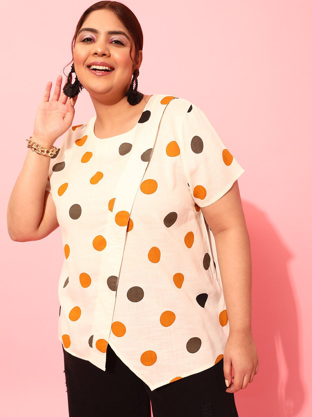 CURVY STREET Plus Size Polka Printed Round Neck Crepe Top