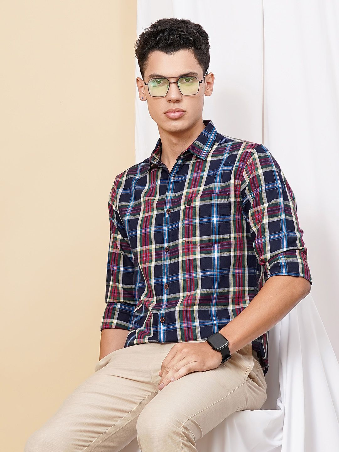 The Indian Garage Co Men Navy Blue & Grey Checked Pure Cotton Casual Shirt