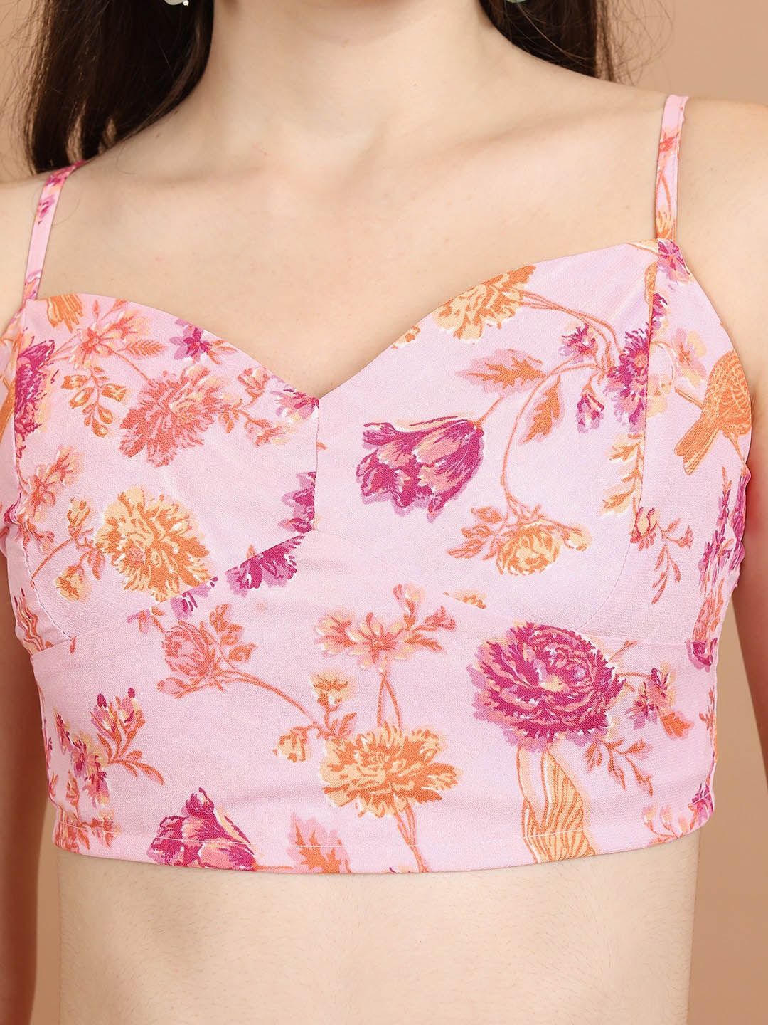 Vishudh Pink Printed Pure Cotton Crop Top & Jacket With Palazzos