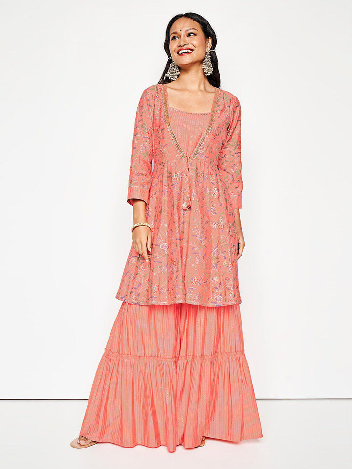 Global Desi Self-Design Top Shrug & Palazzos Co-Ords