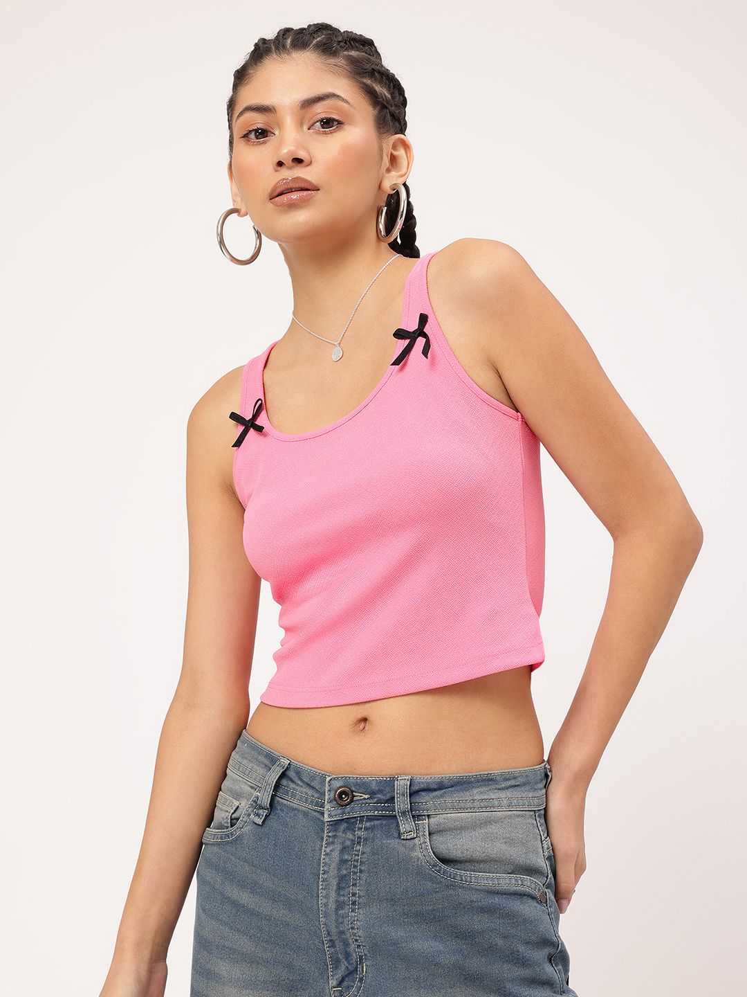 DressBerry Barbiecore Era Bow Detail Textured Knit Crop Top