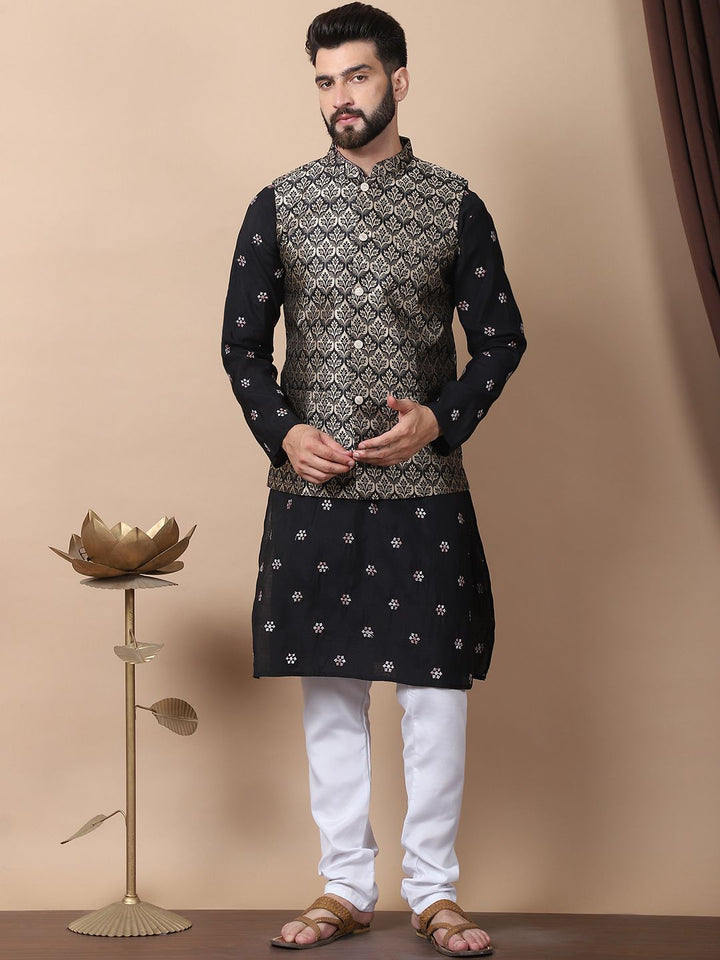 Anouk Black Floral Embroidered Sequinned Cotton Silk Kurta with Churidar & Nehru Jacket